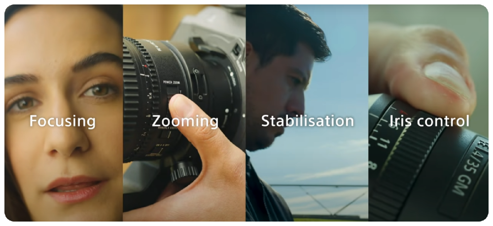 Split image showing close portait of brunette woman, camera lens, man standing, lens adjustment